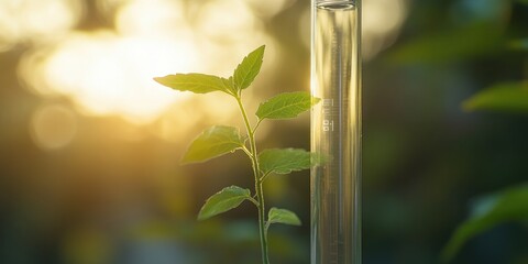 Wall Mural - young plant sample growing inside a test tube, symbolizing biotechnology research.