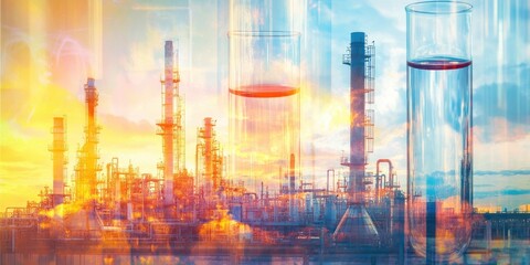 Wall Mural - Double exposure image of laboratory test tubes and an oil refinery plant.