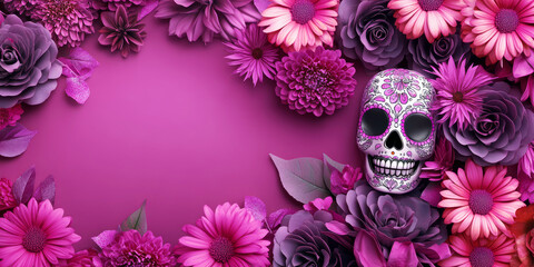 Dia de los muertos festival celebration. Colorful, vibrant image of a calavera with pink and purple flowers. Traditional sugar skull with decoration background. Mexico tradition and culture.