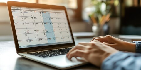 Aufkleber - Person using a laptop with a virtual work schedule displayed on the screen.
