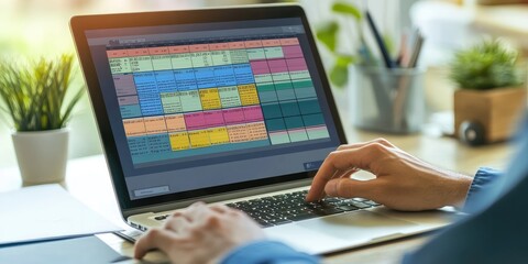 Aufkleber - Person using a laptop with a virtual work schedule displayed on the screen.