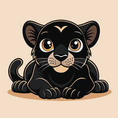 mascot black cute little panther with big eyes lies, vector illustration cartoon