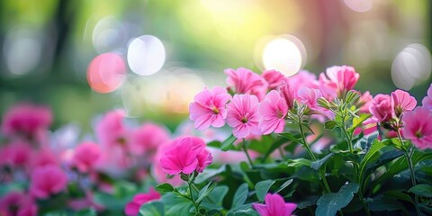 Wall Mural - Soft focus image of vibrant pink flowers with green leaves in the foreground