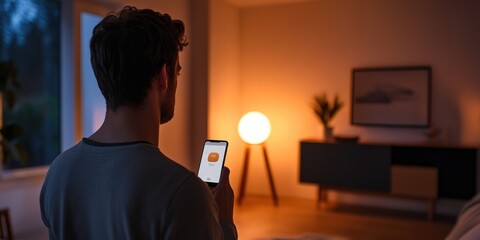 Poster - An individual in a minimalist living space uses a smartphone to control the temperature and lighting, with smart home devices enhancing both comfort and convenience.