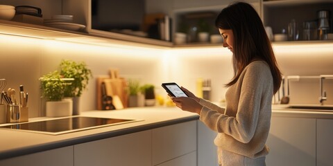 Poster - A woman in a high-tech kitchen uses a smart device to control lighting and temperature, with advanced technology seamlessly integrated into the design.