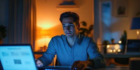 Poster - A man in a contemporary home office adjusts the lighting and temperature using a smart home app, establishing a productive and comfortable workspace.