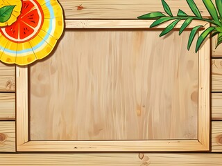 Wall Mural - Summer Background With Wooden Frame And Tropical Elements