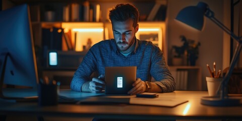 Poster - A man in a contemporary home office adjusts the lighting and temperature using a smart home app, establishing a productive and comfortable workspace.