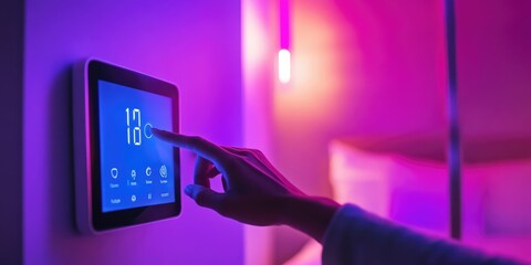 Poster - A person uses a touch-screen thermostat to manage the room temperature in a high-tech bedroom, with smart home devices enhancing both comfort and convenience.
