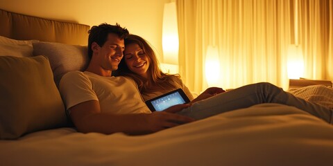 Poster - A couple in a stylish bedroom uses a touch-screen device to adjust lighting and temperature, creating a serene and comfortable environment for relaxation.