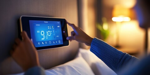 Poster - A person uses a touch-screen thermostat to manage the room temperature in a high-tech bedroom, with smart home devices enhancing both comfort and convenience.