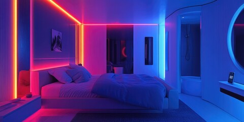 Poster - An individual in a futuristic bedroom uses a smart device to fine-tune the lighting and temperature, establishing a serene and customized atmosphere with advanced technol