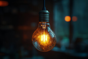 Canvas Print - A small, bare light bulb hanging from an exposed wire in a dark room. Concept of energy poverty and minimalism.