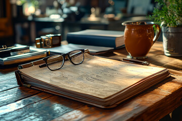 Poster - a professional portfolio opened to a detailed business plan. concept of strategic planning.