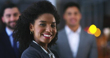 Poster - Face, happy and black woman in business, corporate company office and workplace at night. Portrait, employee and professional lawyer, attorney and consultant or African advocate coworking on bokeh