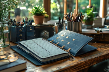 Poster - a planner opened to a busy weekly schedule on a modern office desk. concept of organization in busin