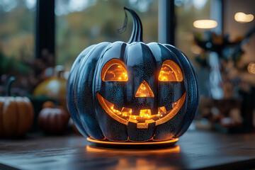 Canvas Print - A modern twist on a Halloween classic, with a digital jack-o'-lantern that changes its face and glows in sync with music. Concept of tech-savvy Halloween decor.