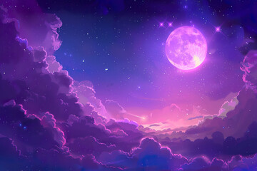 Wall Mural - a purple sky with a large moon and many stars,