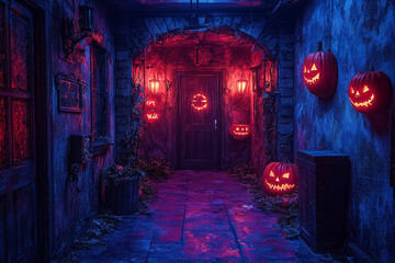 Aufkleber - A high-tech escape room with a Halloween theme, featuring digital puzzles and eerie soundscapes. Concept of modern holiday entertainment.