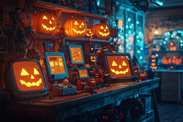 Wall Mural - A Halloween-themed tech gadget store offering the latest in spooky smart home devices and digital decorations. Concept of tech-forward holiday shopping.