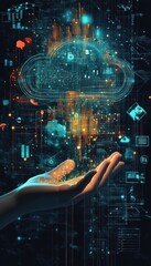 Poster - digital illustration of a hand interacting with holographic cloud technology in a futuristic design 