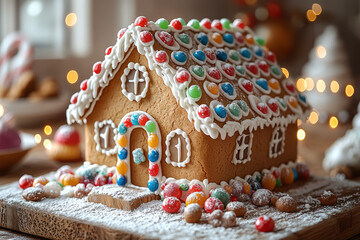 Canvas Print - A gingerbread house decorated with colorful candies and icing. Concept of holiday baking traditions.