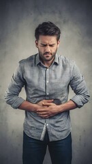 People, healthcare and problem concept - unhappy man suffering from stomach ache over gray background