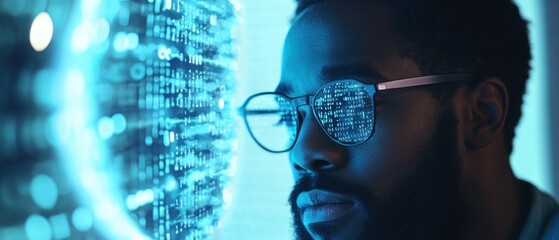 Poster - Man in Glasses with Binary Code Reflected in His Lenses