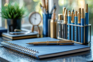 Poster - A desk organizer filled with high-quality pens, notepads, and business tools. Concept of efficiency and productivity.