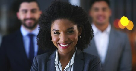Poster - Face, leadership and black woman in business with team in office, company or workplace at night. Portrait, employee group and happy professional lawyer in collaboration, solidarity or unity on bokeh
