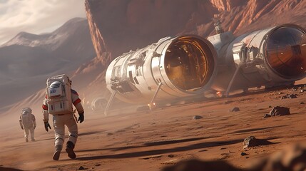 Poster - Astronauts Exploring the Captivating Landscape of Mars with Towering Mountains in the Distance