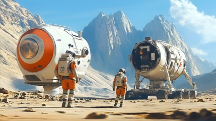 Poster - Astronauts Exploring the Rugged Martian Landscape with Habitat and Towering Mountains in the Distance