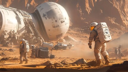 Poster - Astronauts Exploring the Rugged Martian Landscape with Habitat in the Distance