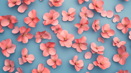 Flat lay creative illustration concept of fresh field spring flowers on pastel blue background. beautiful pink bloomed flowers. generative ai. Spring Blossom. Illustration