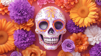 Wall Mural - Dia de los muertos festival celebration. Colorful, vibrant image of a calavera with orange and purple flowers. Traditional sugar skull with floral decoration background. Mexico tradition and culture.