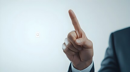 Poster - Businessman Hovering Finger Over Unseen Digital Screen on White Background for Promotion