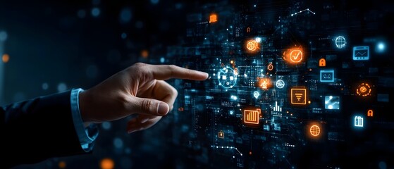Poster - Businessman Pointing at Glowing Virtual Analytics and Communication Symbols