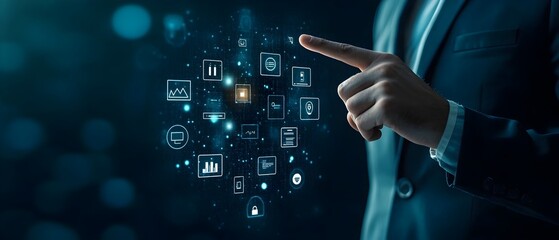Poster - Businessman Pointing at Futuristic Glowing Business Icons on Invisible Screen