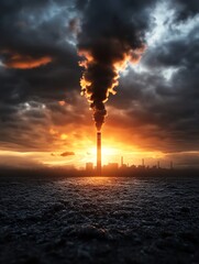 An industrial landscape at sunset with dark smoke billowing from a chimney, highlighting environmental issues and pollution.