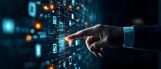 Poster - Businessman Pointing to Glowing Digital Interface with Floating Business Icons