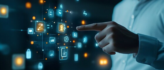 Poster - Businessman s Hand Pointing at Glowing Digital Interface with Floating Tech Icons and Space for Ads