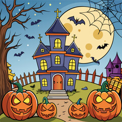 Wall Mural - halloween background with pumpkins and haunted house, vector illustration cartoon