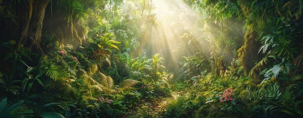 lush jungle landscape in the morning with sunlight falling in through the leaves and trees. green, n