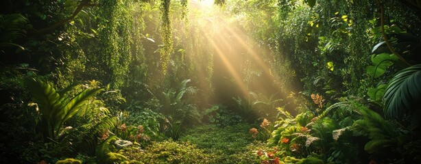 Wall Mural - Lush jungle landscape in the morning with sunlight falling in through the leaves and trees. Green, natural rainforest. Green, tropical nature background with mist / fog.