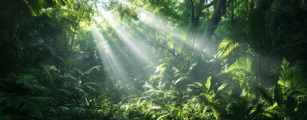 Lush jungle landscape in the morning with sunlight falling in through the leaves and trees. Green, natural rainforest. Green, tropical nature background with mist / fog.