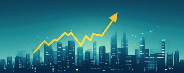 Poster - flat graphic of an upward-trending graph over a city skyline symbolizing growth and progress in busi