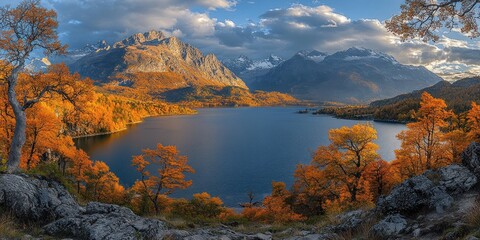 Poster - Autumnal Landscape with Mountain Range and Lake