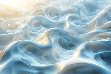 Wall Mural - Abstract 3D rendering of a flowing, white, organic texture with a blue hue and a soft, light glow.