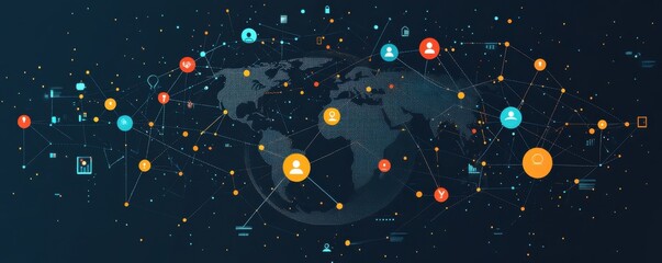 Poster - Global network communication and digital connectivity in a flat  illustration with worldwide connections and data exchange representation