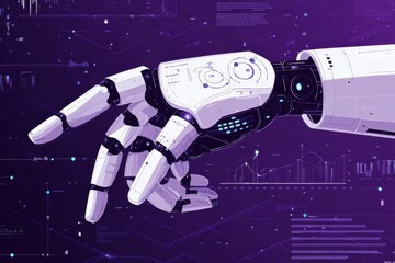 Poster - Futuristic AI robot hand with digital interface in purple tones symbolizing technology and innovation
